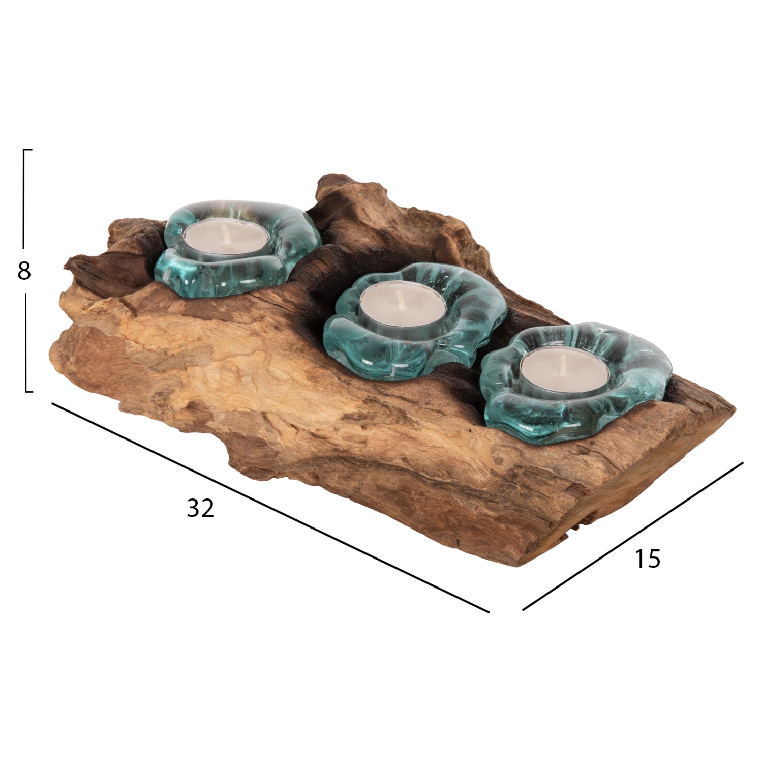 Декорация за маса за тройни свещи, масивно тиково дърво и стъкло - натурален 32x15x8