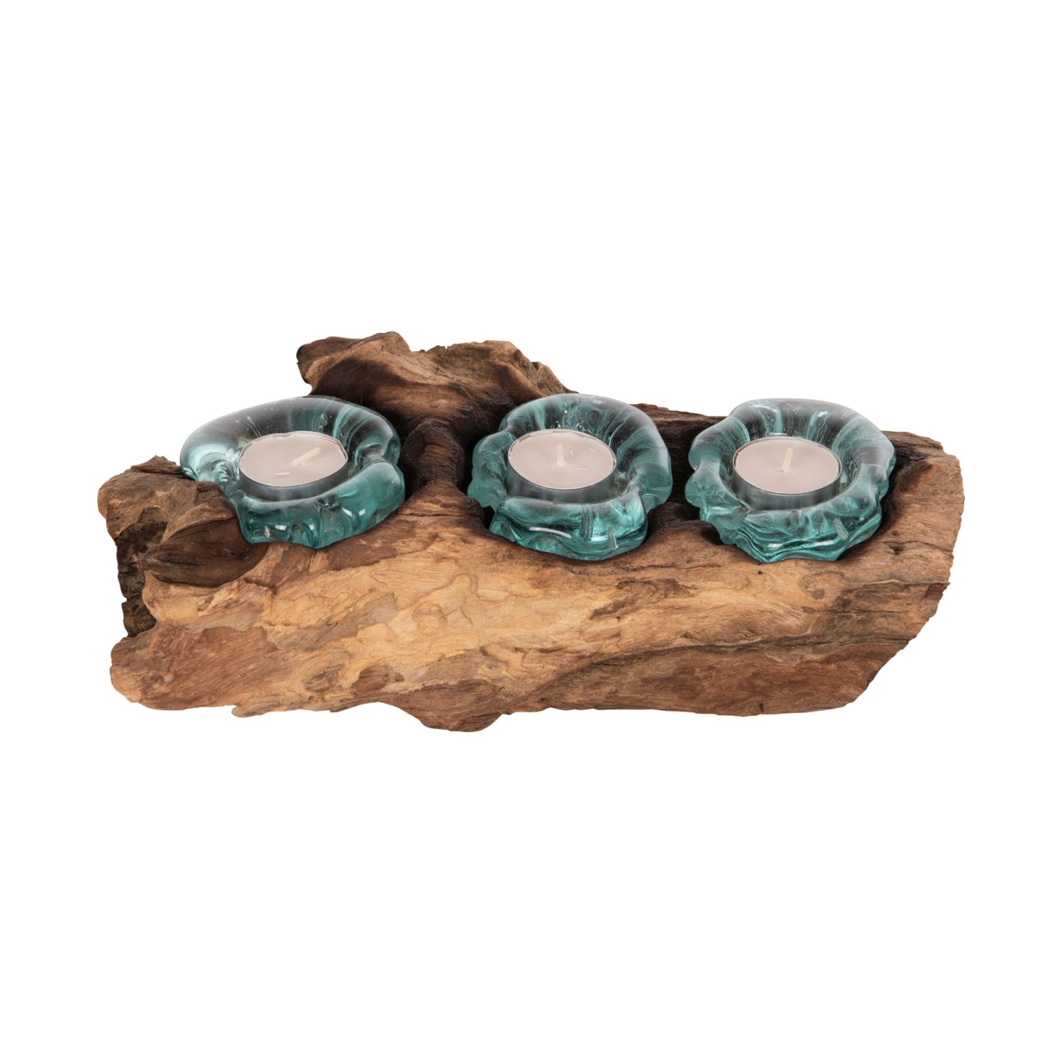 Декорация за маса за тройни свещи, масивно тиково дърво и стъкло - натурален 32x15x8