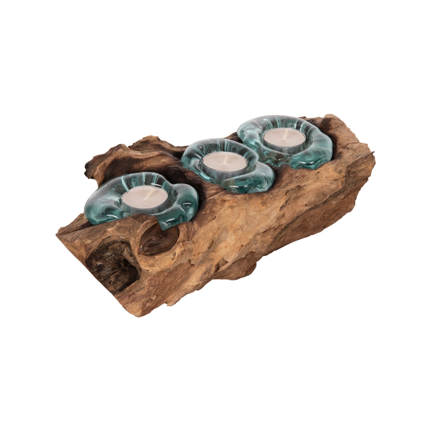 Декорация за маса за тройни свещи, масивно тиково дърво и стъкло - натурален 32x15x8