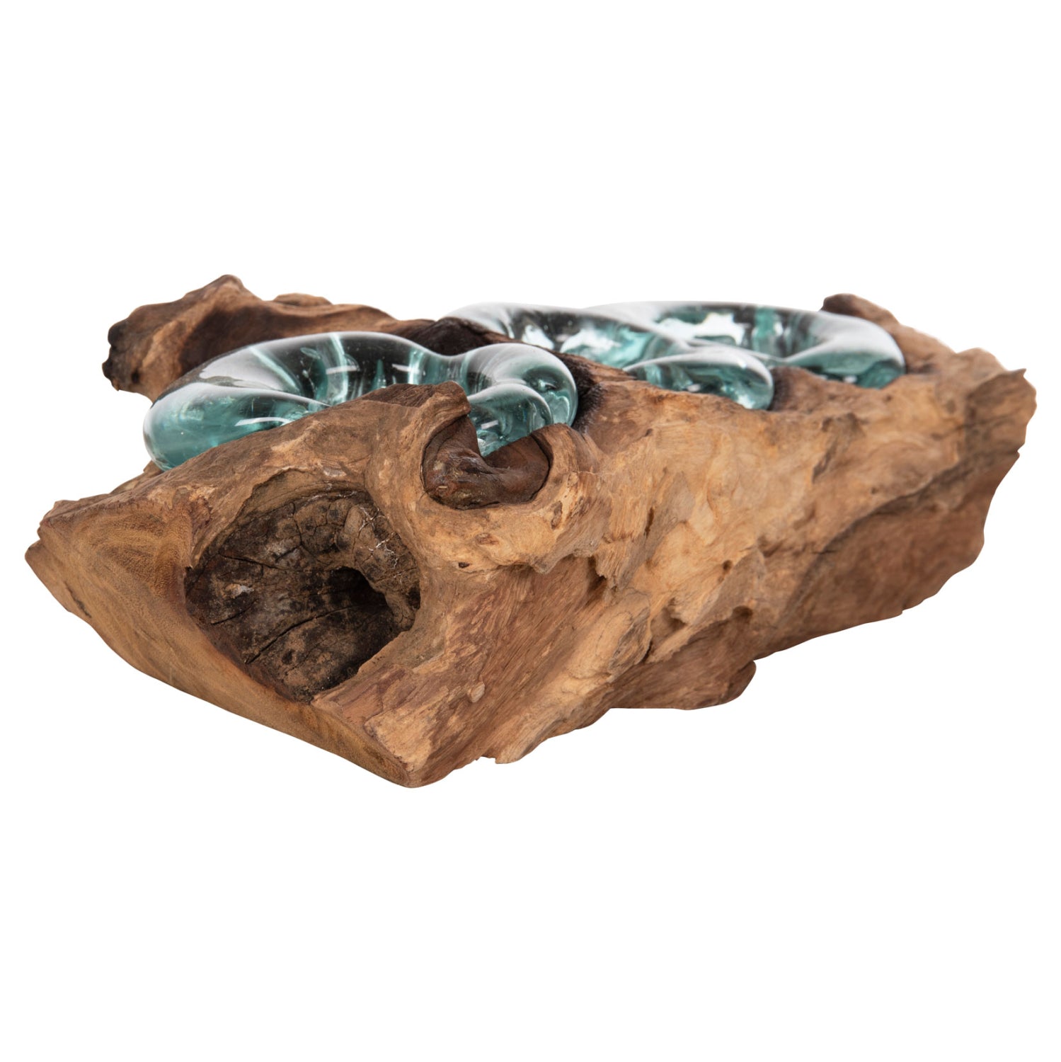 Декорация за маса за тройни свещи, масивно тиково дърво и стъкло - натурален 32x15x8