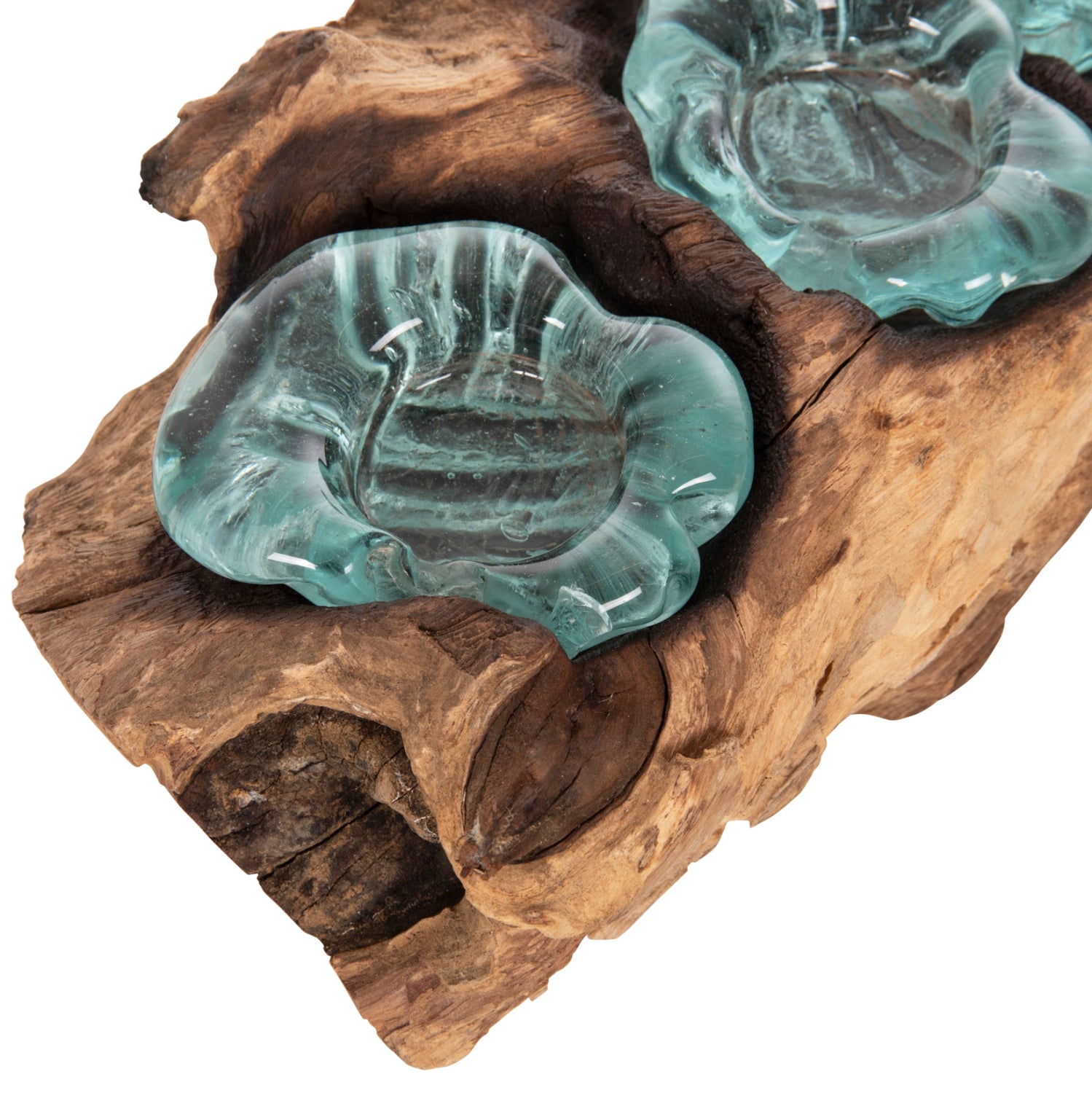 Декорация за маса за тройни свещи, масивно тиково дърво и стъкло - натурален 32x15x8