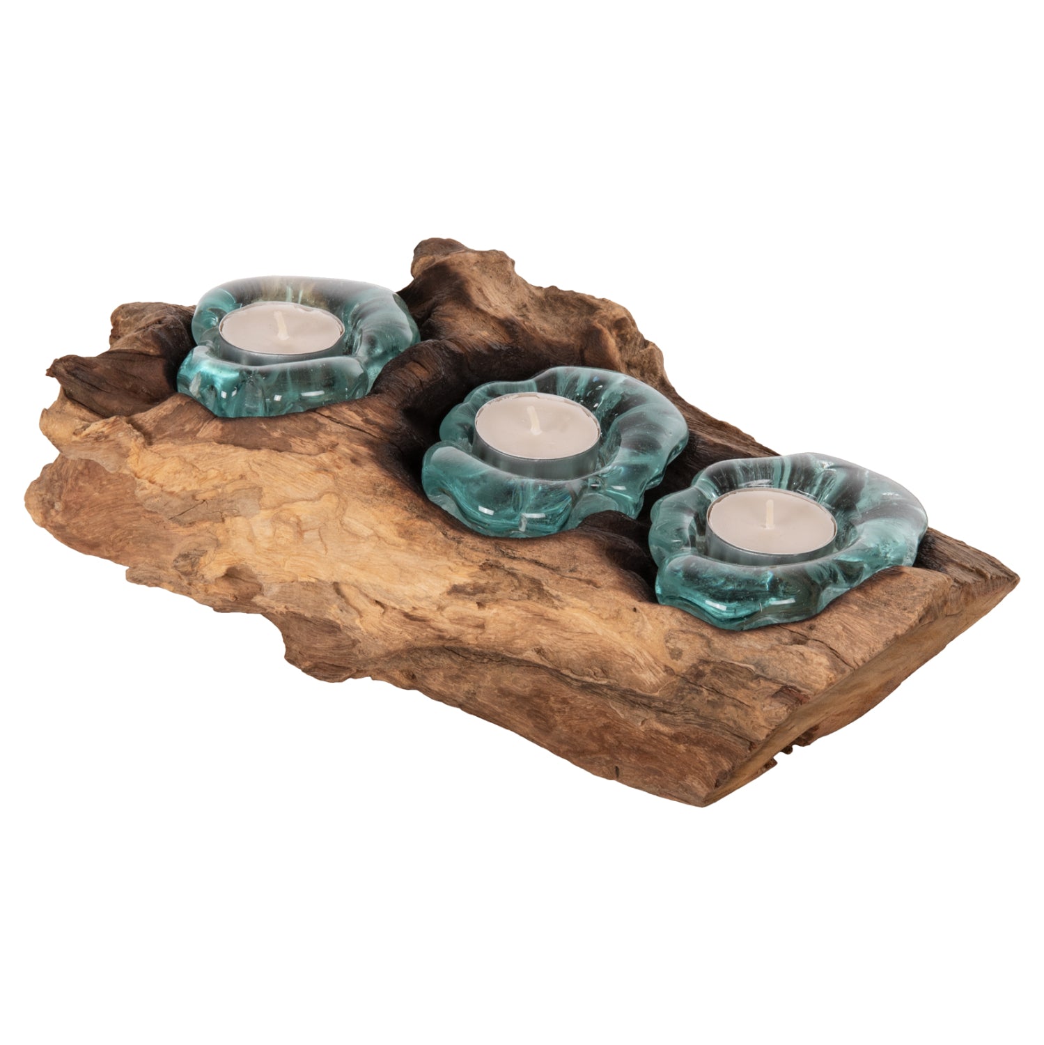 Декорация за маса за тройни свещи, масивно тиково дърво и стъкло - натурален 32x15x8