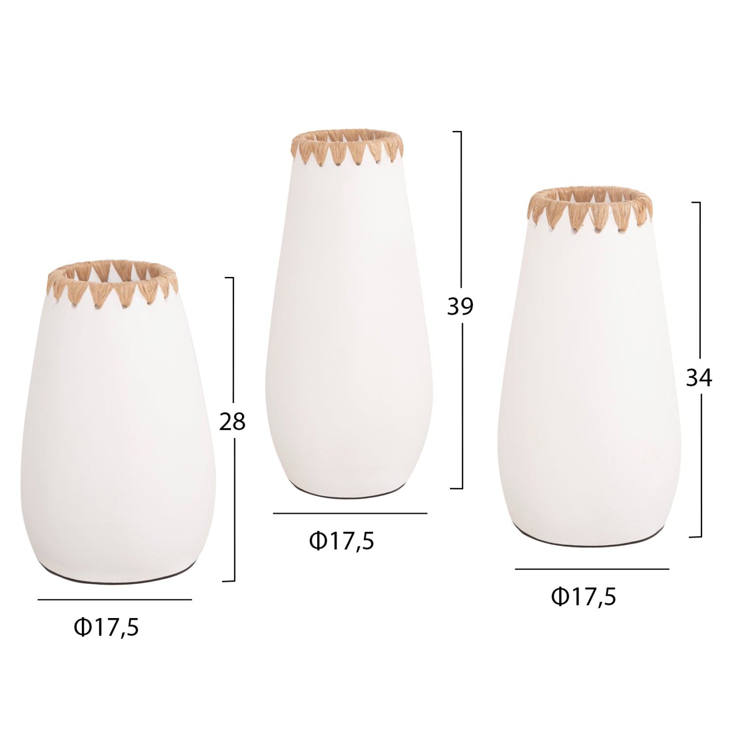 Комплект от 3 декоративни теракотови вази в бяло с венец на гърлото