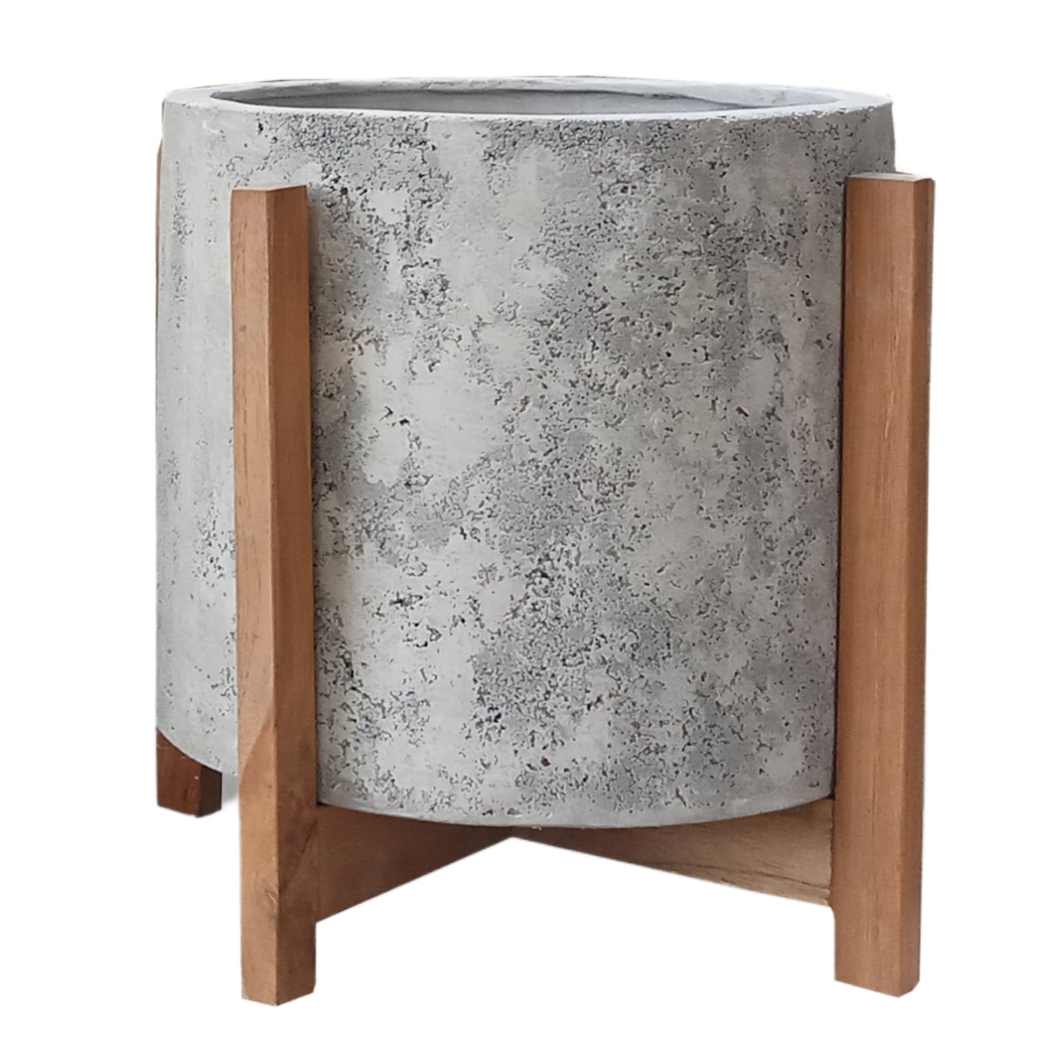 Вътрешна саксия HOFF от фиброцимент в сиво - основа от тиково дърво φ39x40hcm