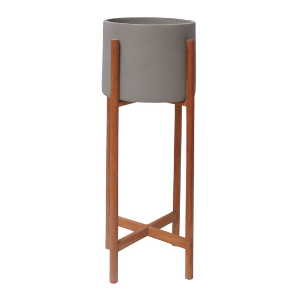 Вътрешна саксия RENTIL  от фиброцимент в сив цвят -- основа от тик φ25x55hcm