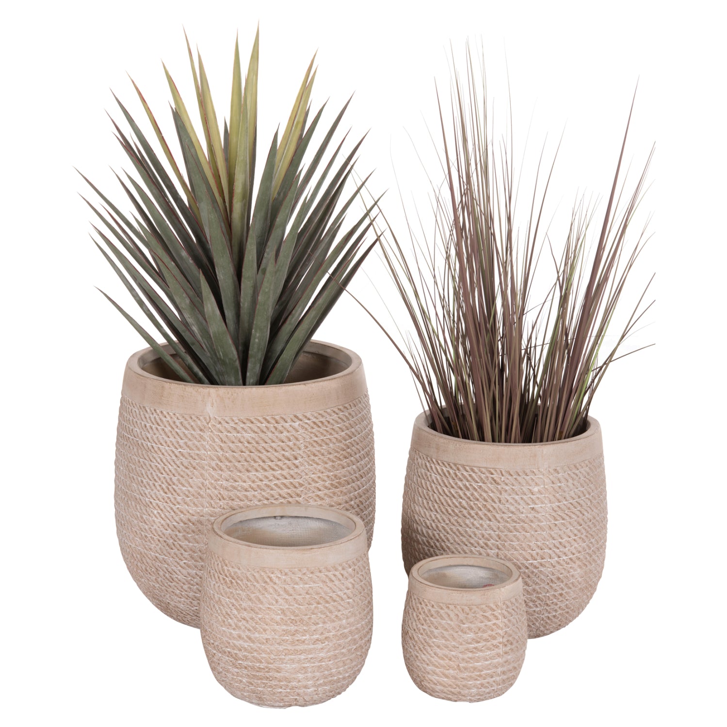 Комплект от 4 кръгли градински саксий фибър - цимент с цвят слонова кост ф54x54 см