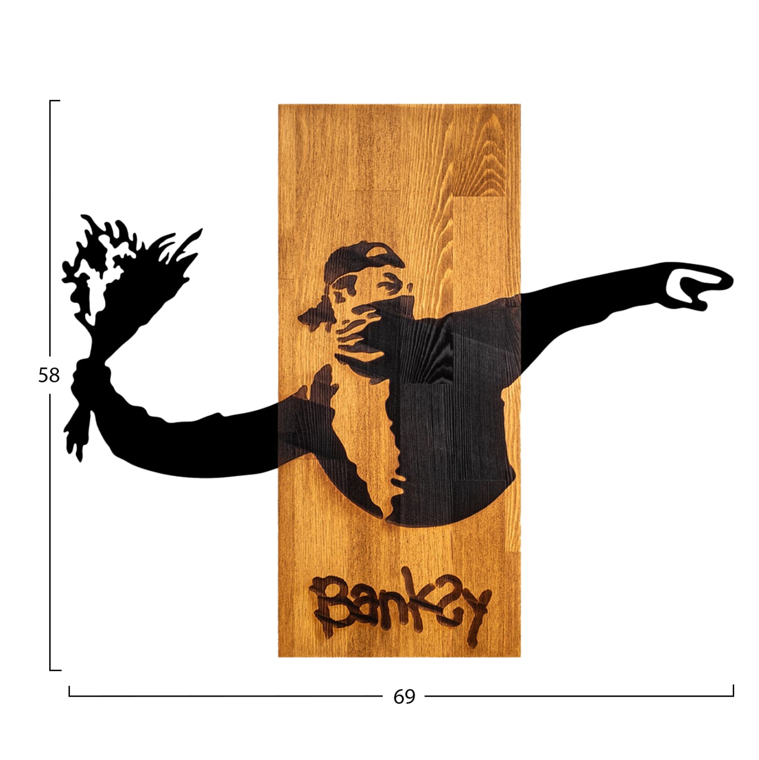 Декор за стена  BANKSY- метални листа черно-дърво 69x3(дълбочина)x58см.