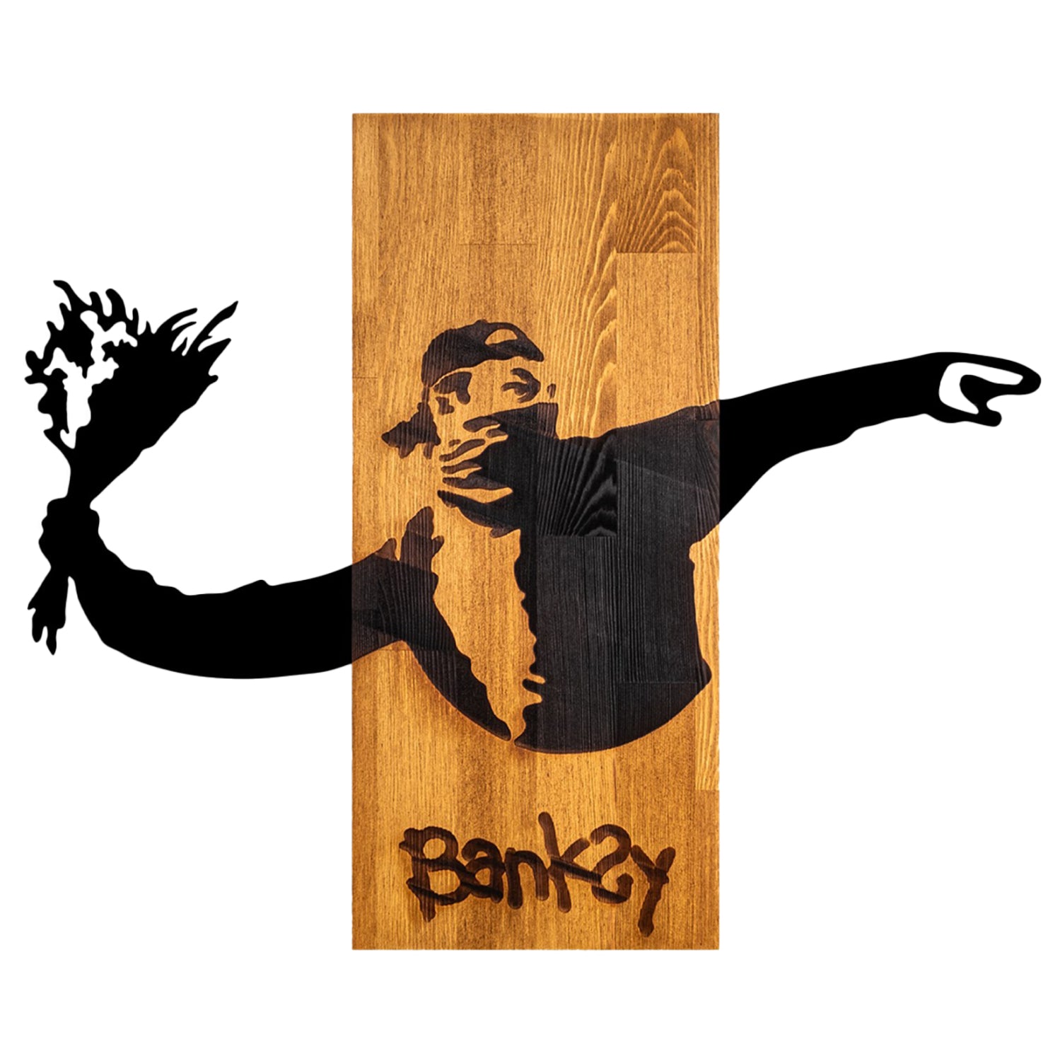 Декор за стена  BANKSY- метални листа черно-дърво 69x3(дълбочина)x58см.