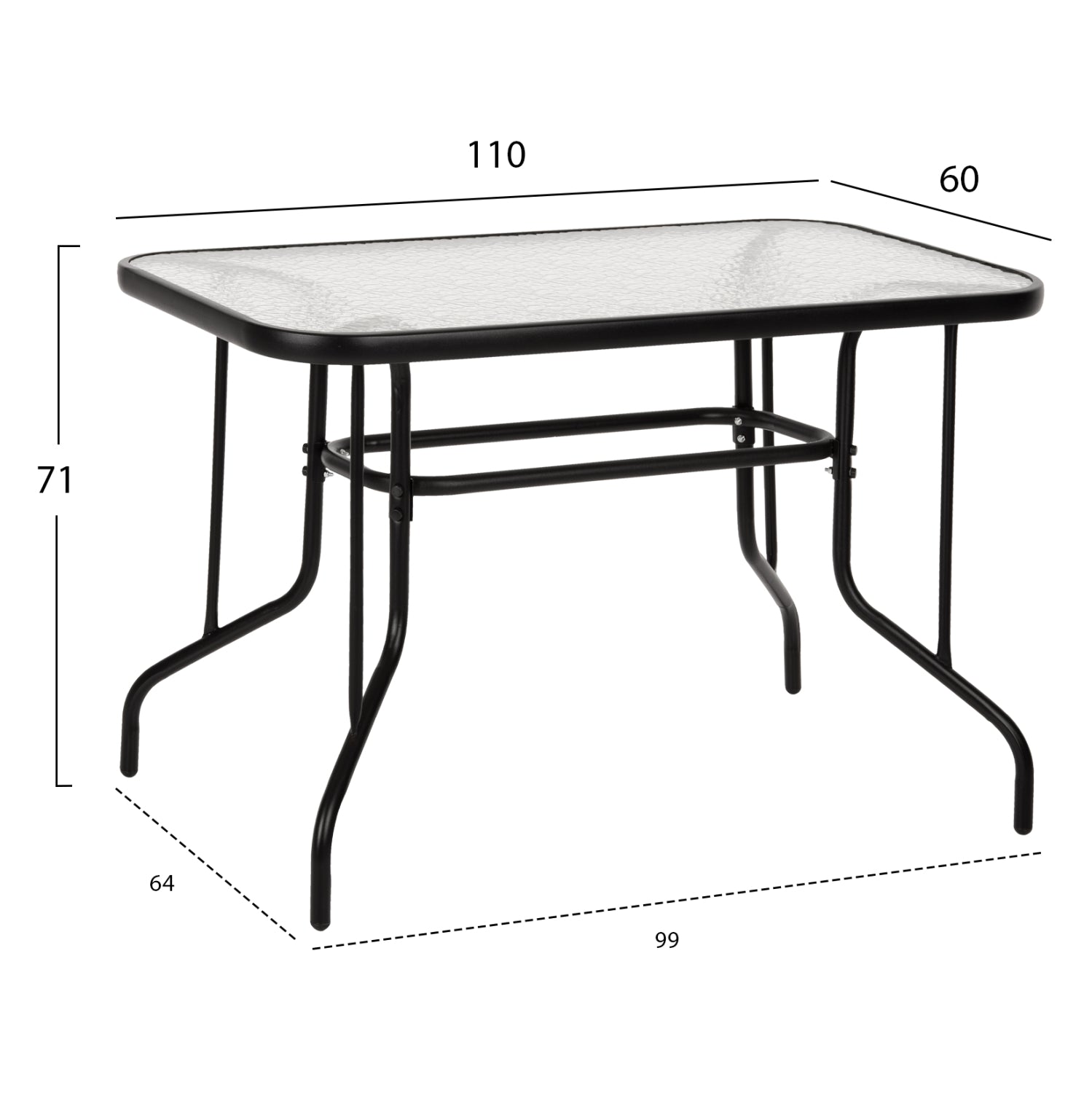 Маса Адам черна метална, със стъклен плот, 110x60x71 см