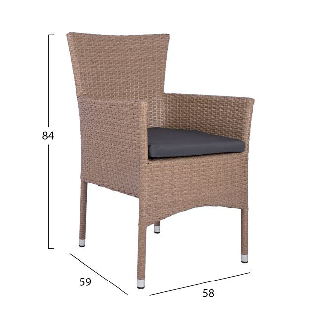 Комплект 7бр. кафява метална маса 160x90 и 6 кресла  кафяво-мока ракита КГ10587.02