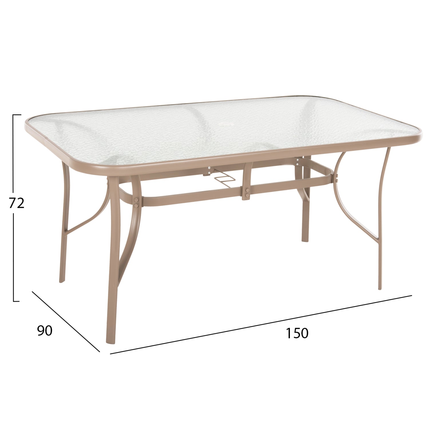 Маса BRUNO 150x90x72см метална , шампанско с отвор за чадър φ38мм