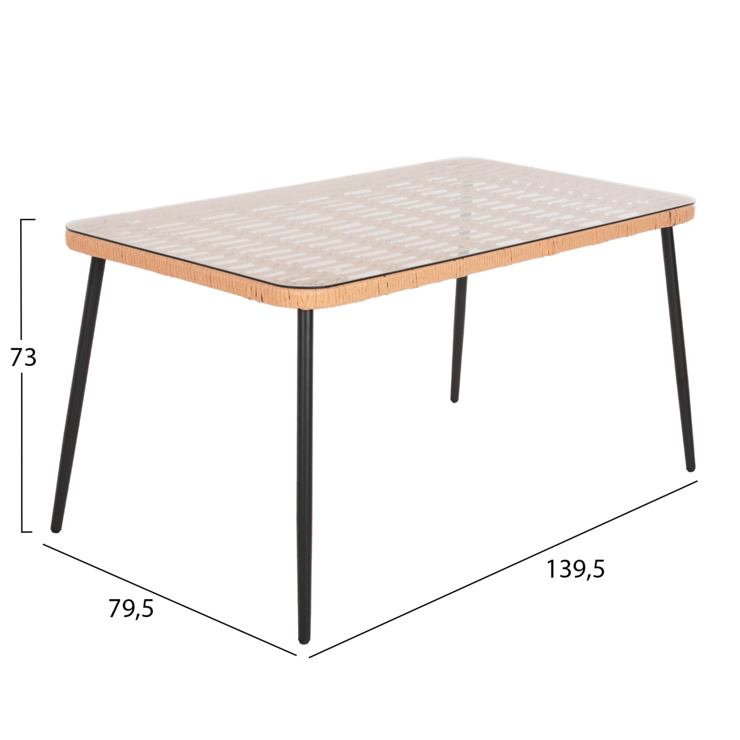Правоъгълна маса ALLEGRA  черен метал-pe ратан, естествен цвят, 139.5x79.5x73см
