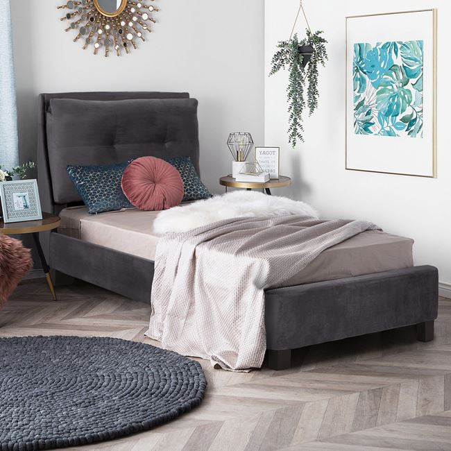 Легло Riley 90x200 с кадифен плат, сив цвят