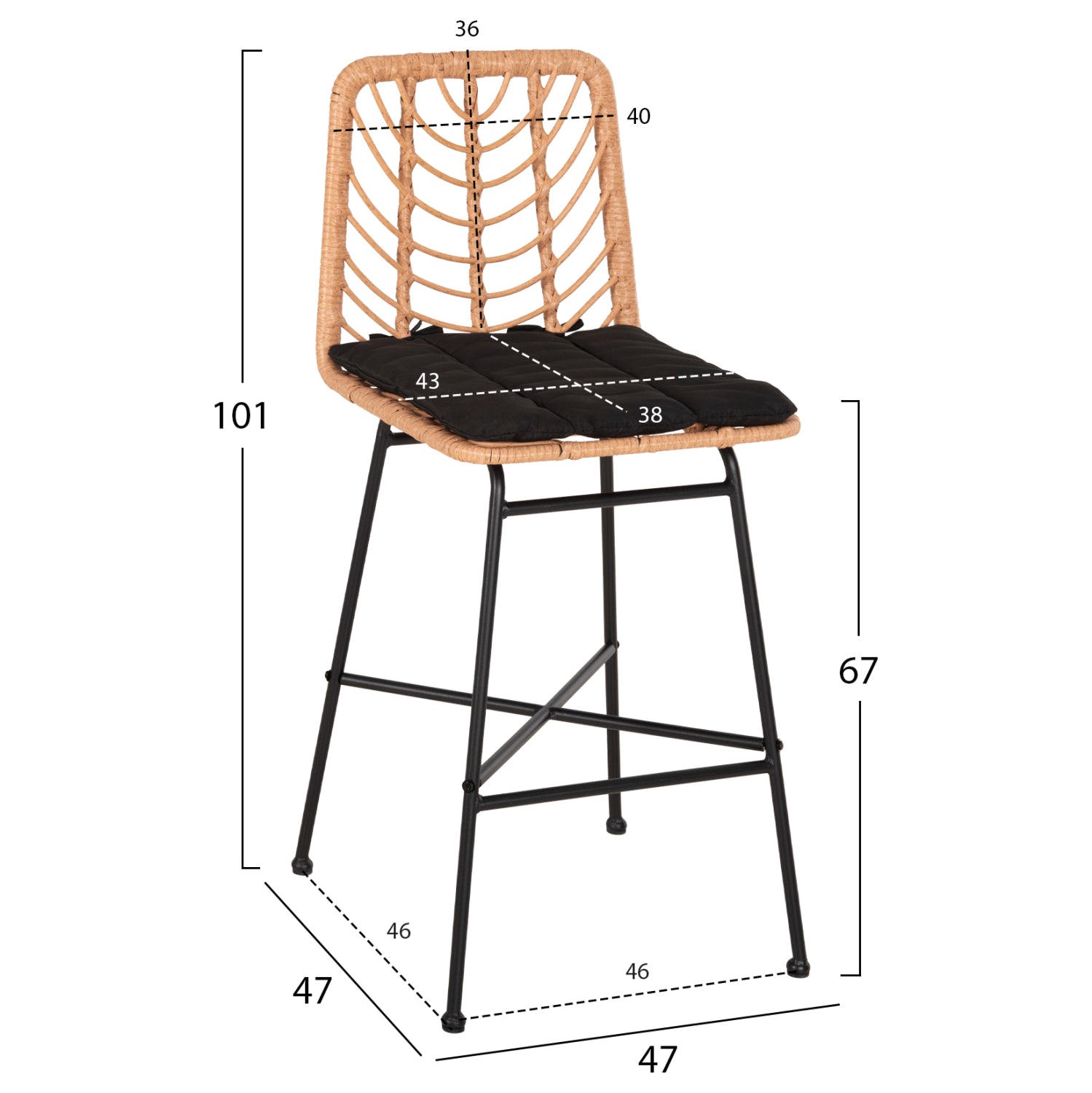 Метален стол Гералд и черно-бежова плетена възглавница 47x47x101см