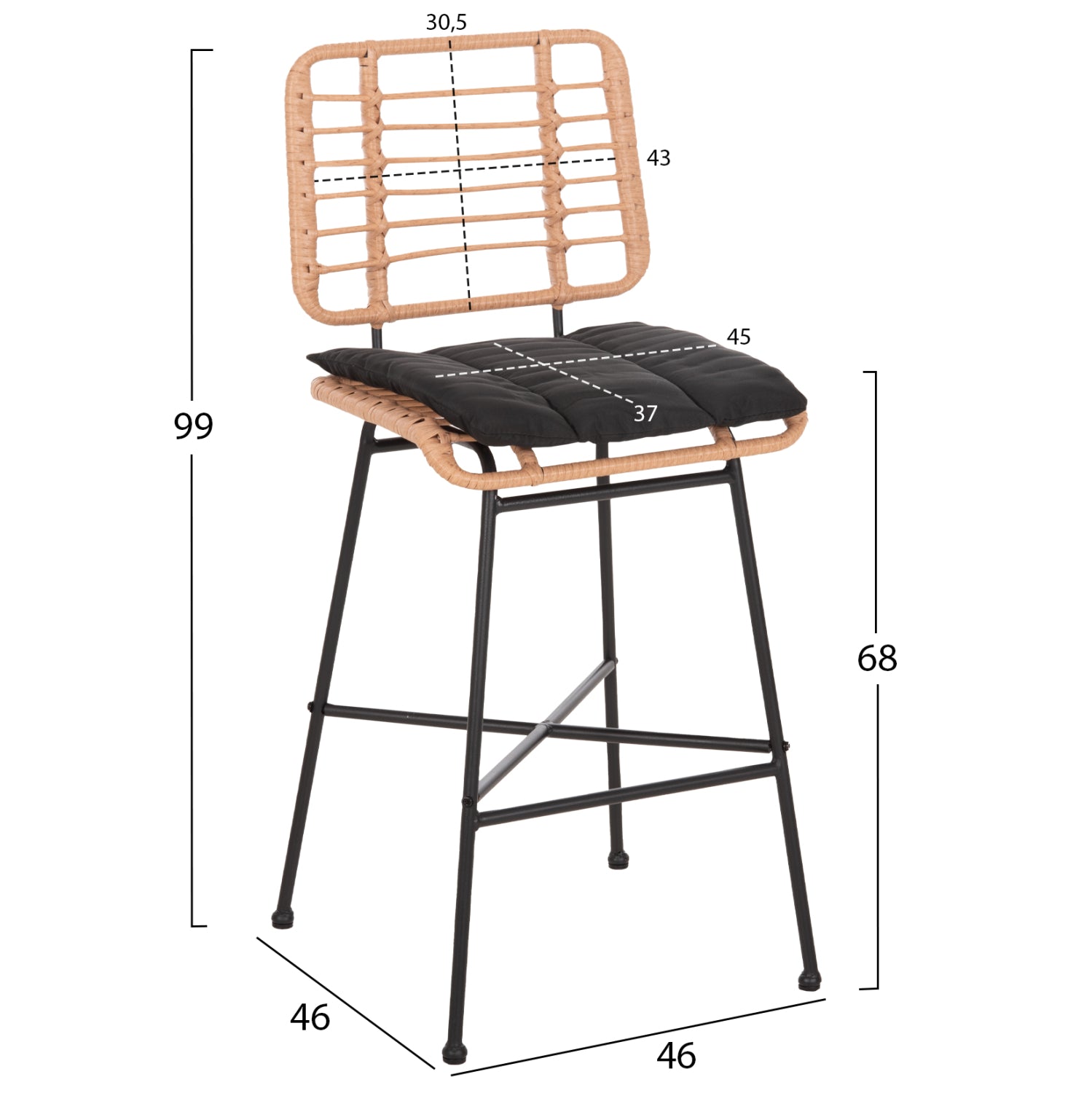 Бар стол Алегра с метална и черно-бежова плетена възглавница 46x46x99см