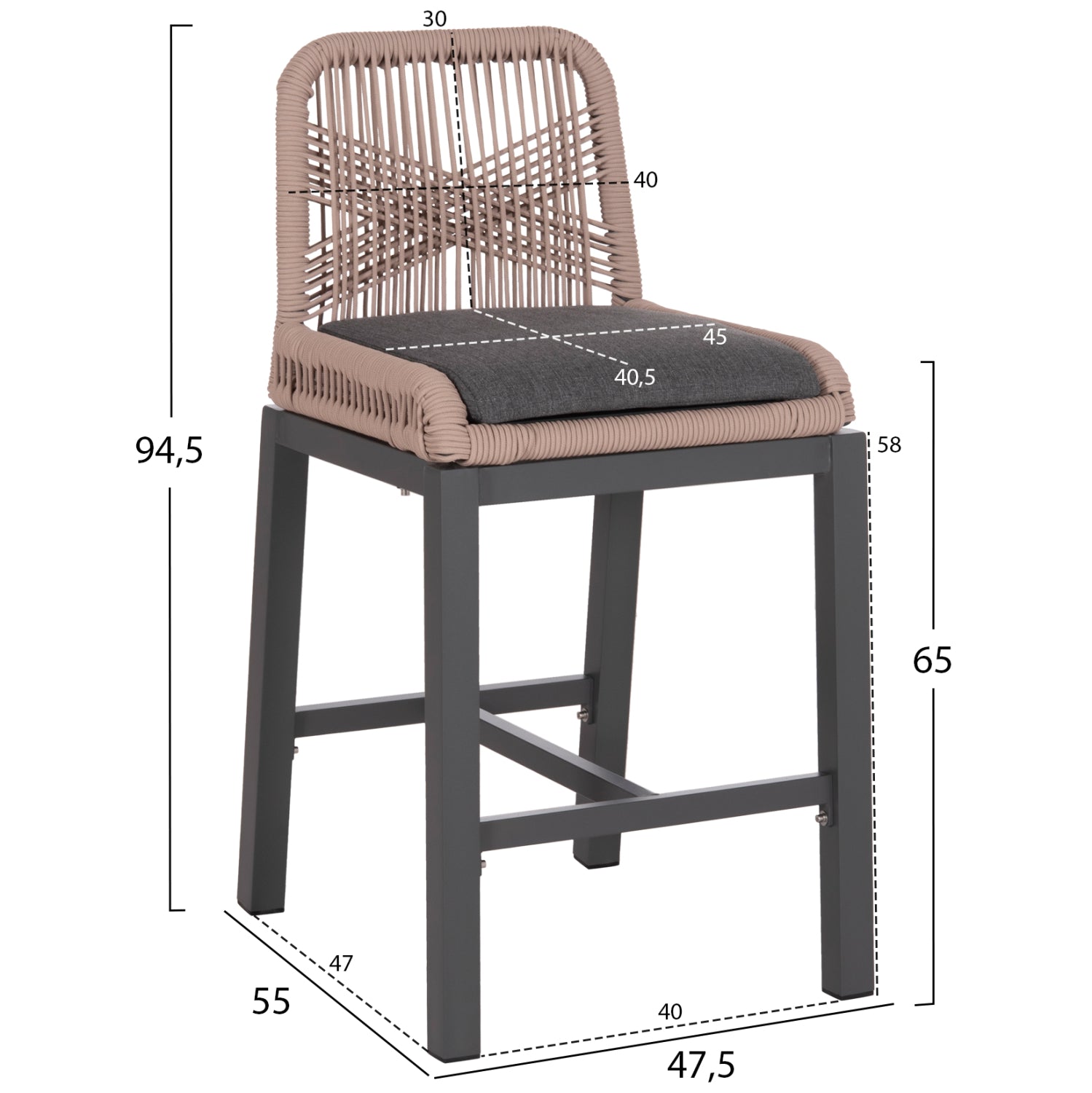 Бар стол Howard  антрацит, алуминий - бежово, с въже, 47.5x55x94.5 см