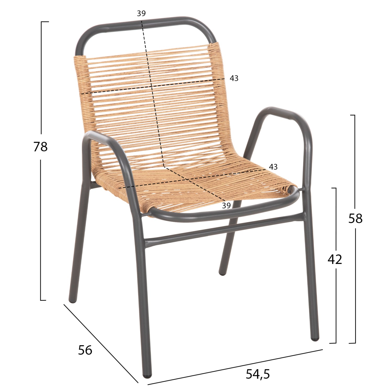 Градински стол Аvril, сив метал - естествено дърво, 54.5x56x78в см