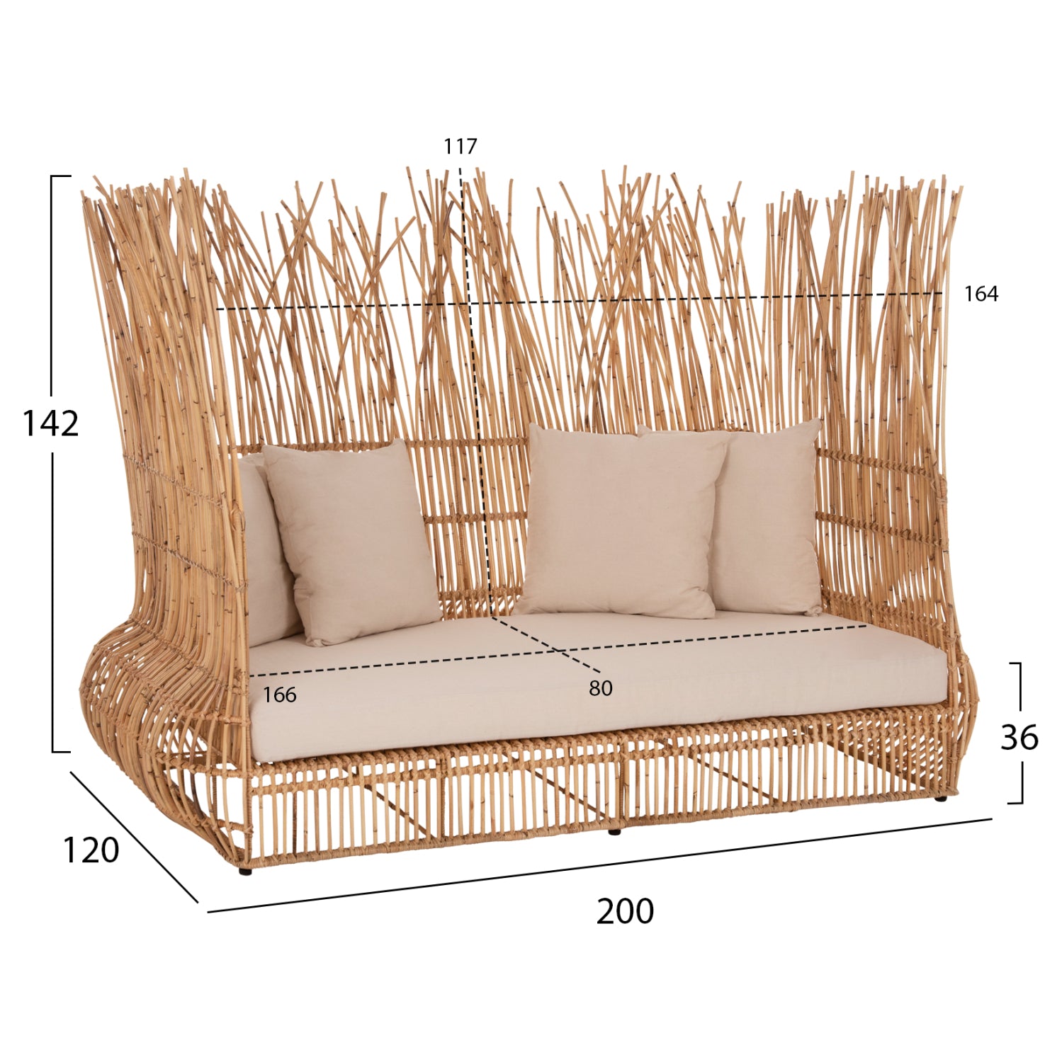 Канапе ZEPHYR натурал ратан с възглавници 200x120x142