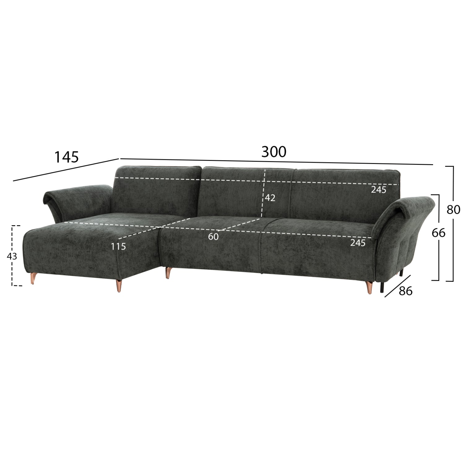 Ъглов обръщаем диван-лежанка MAILO зелен с плат и метални крака 300x145x80см.