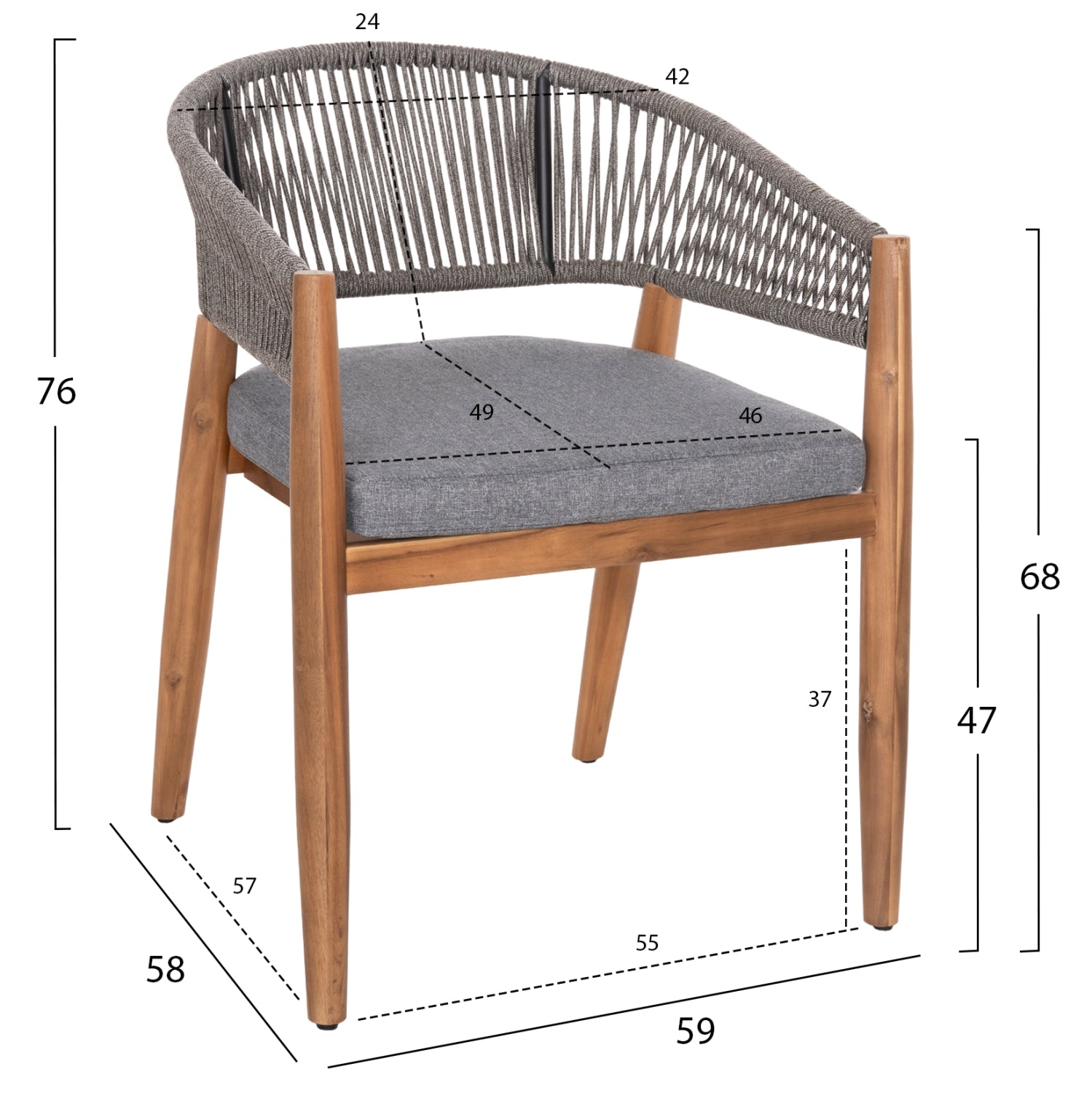 Градински стол NAVAN акациево дърво  с въже  в сиво 59x58x76см.