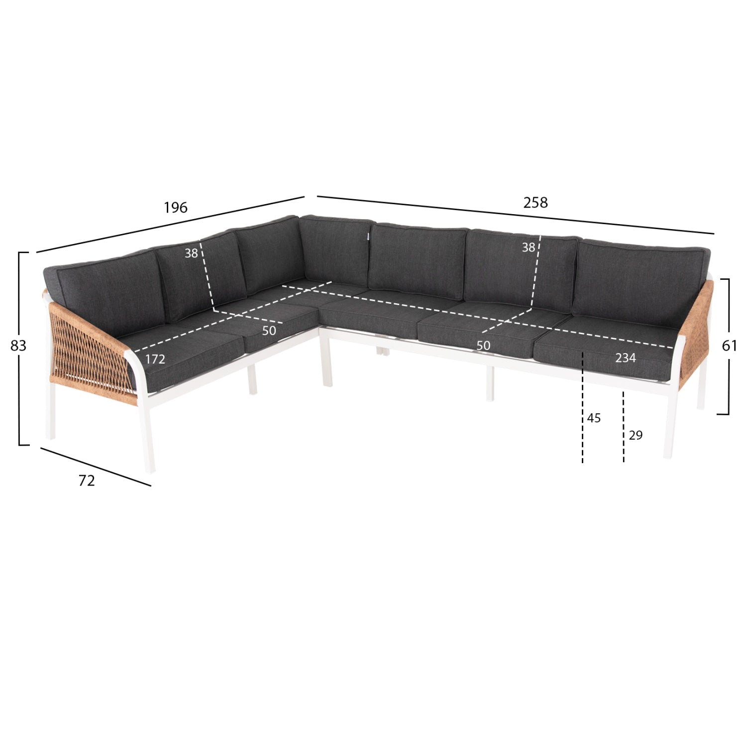 Комплект  MAERLY цвят антрацит-бял диван 196/258см с маса 120/56.5см