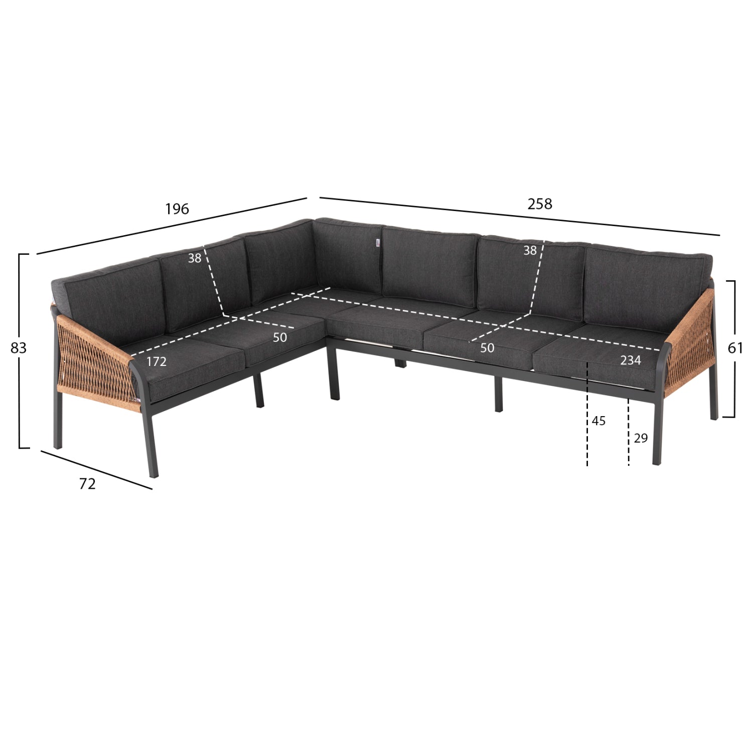 Комплект  MAERLY цвят антрацит-бежов  с диван 196/258см и маса 120/56.5см
