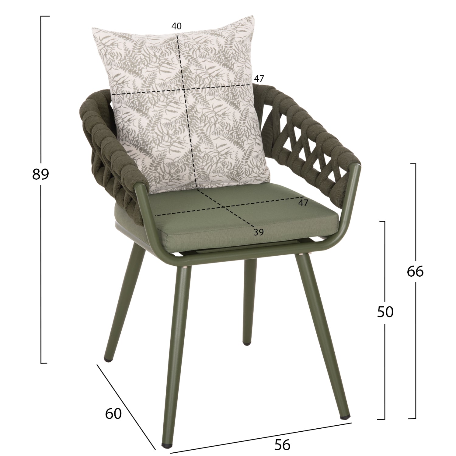 Алуминиево кресло CAMDEN  - тъмномаслинено 56x60x72-87см