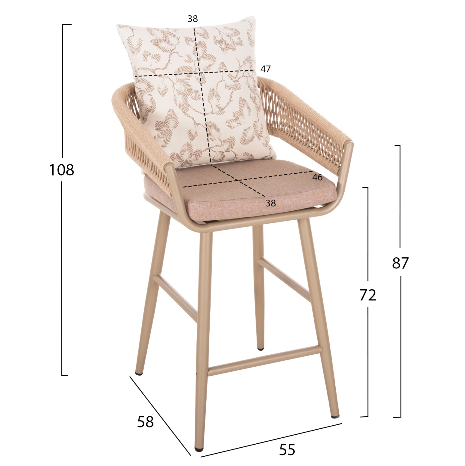 Алуминиева бар стол с възглавница за облегалка camden с принтиран модел - капучино 56x60x108всм.