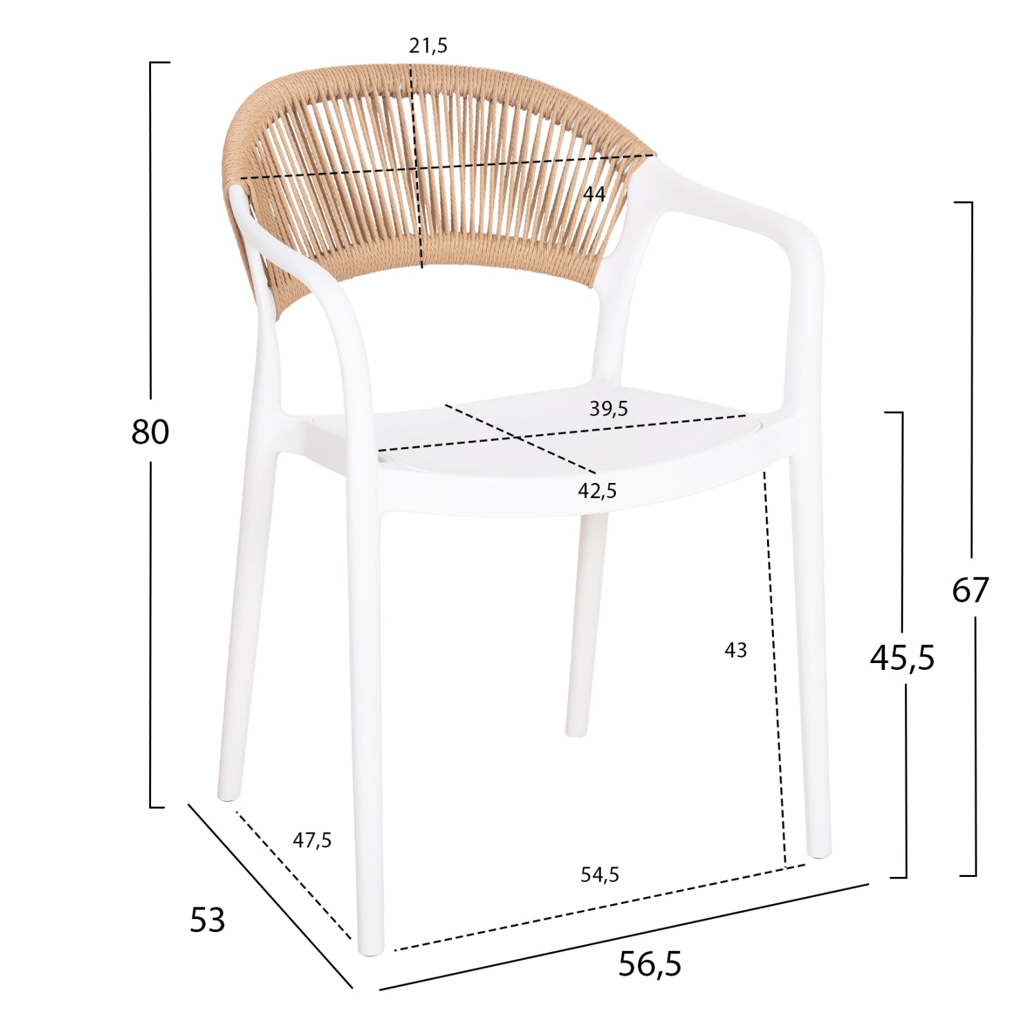 Градински стол EVA бял полипропилен с бежово въже 56.5x53x80см.