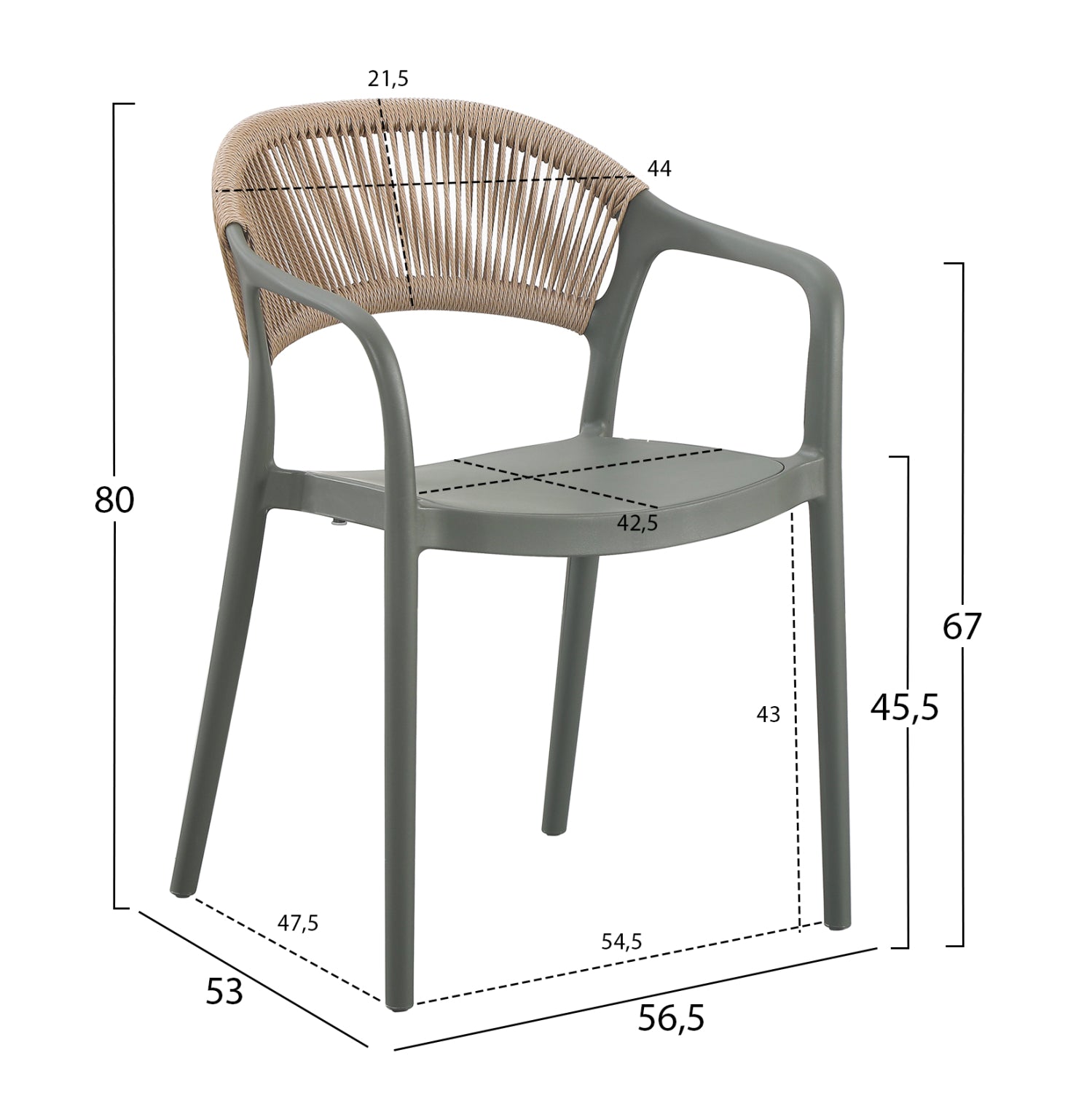 Полипропиленово кресло Еva маслиново зелено--pp бежово въже 56.5x53x80см.