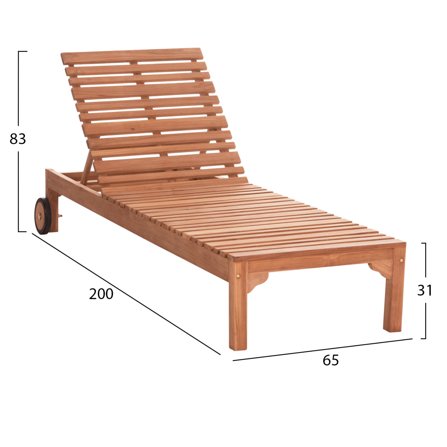 Шезлонг Стелано  с колелца, естествено тиково дърво, 200x65x31см