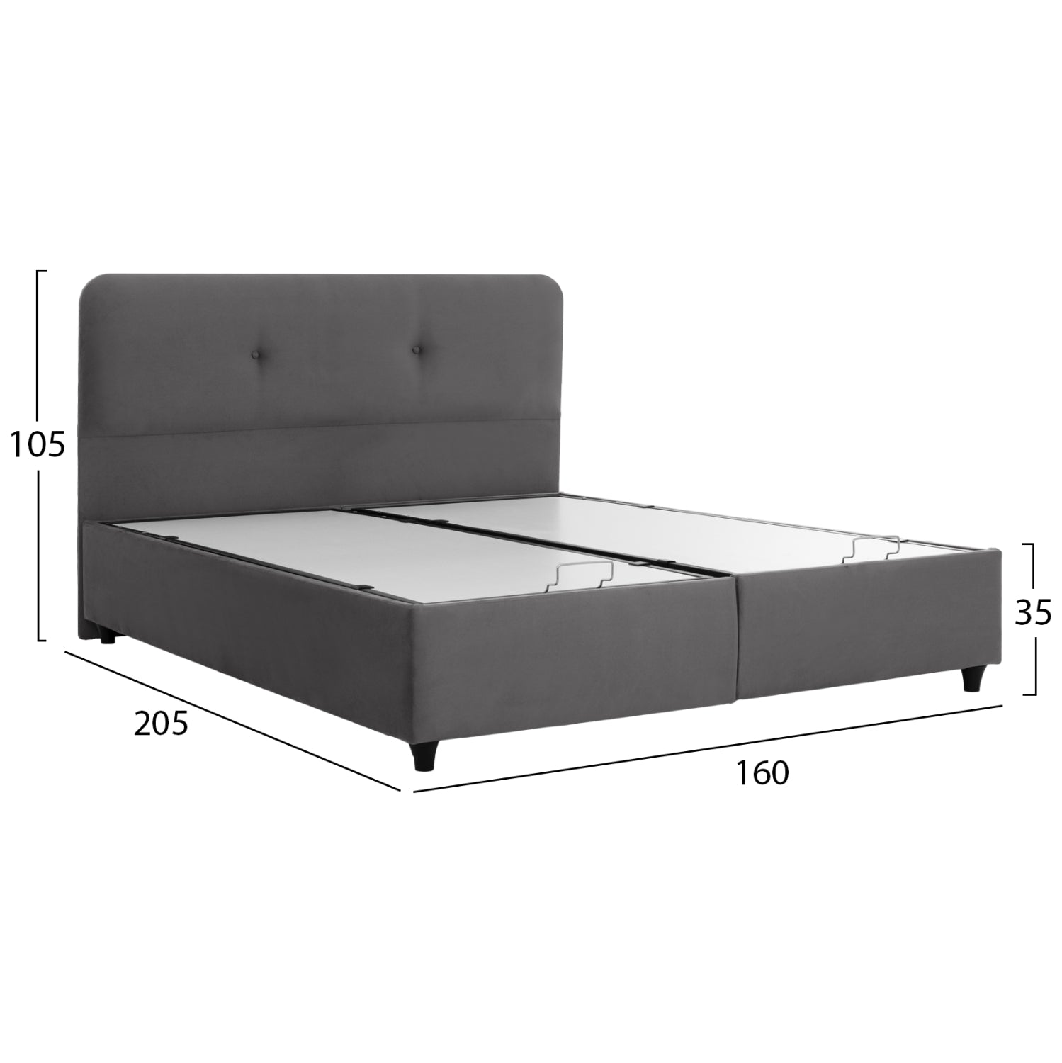Легло Долорес с място за съхранение, сиво кадифе за матрак 160x200 см
