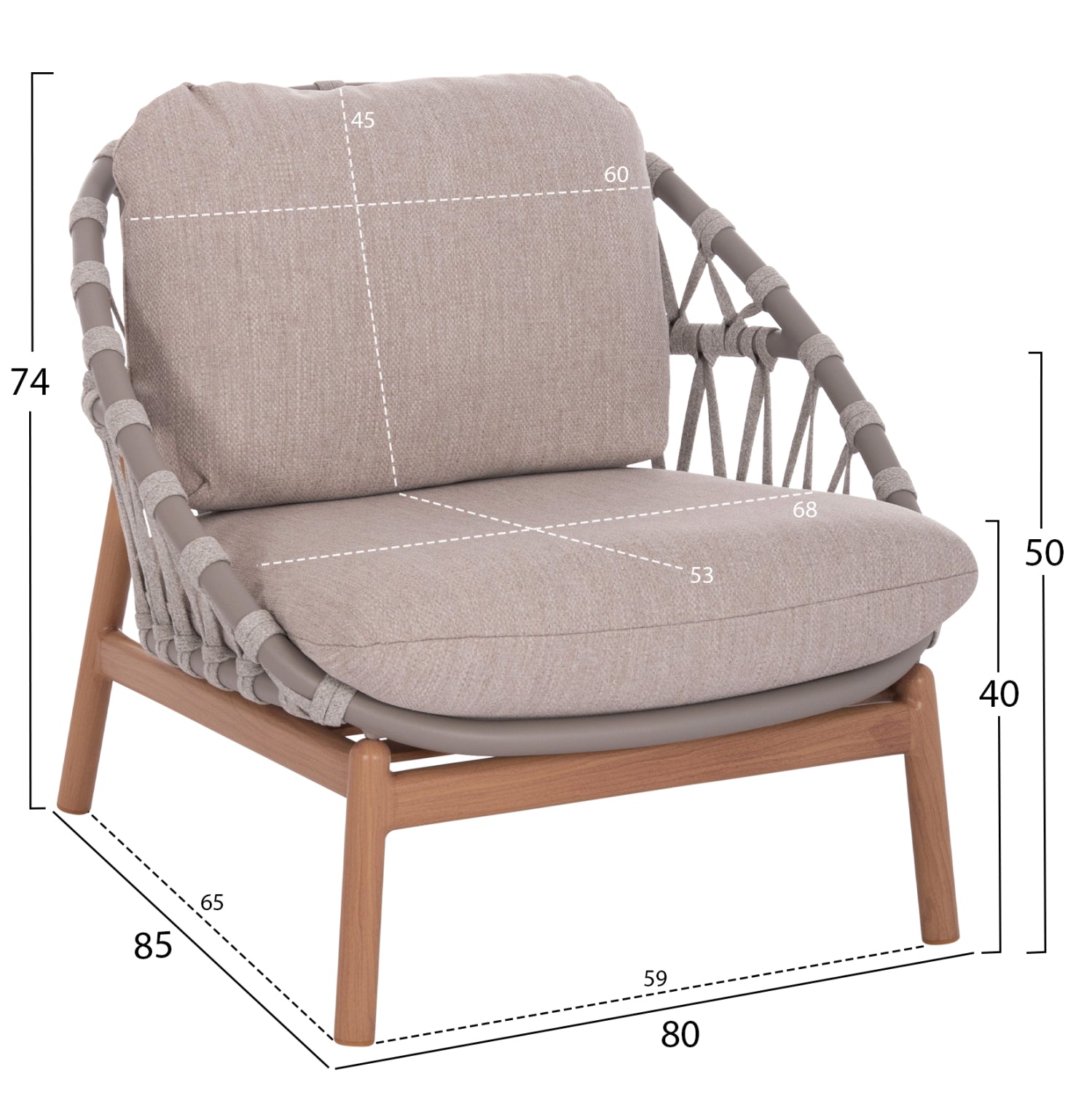 Комплект  KROM 4 части алуминий/въже цвят натурал-бежов с маса 120x65x31,5