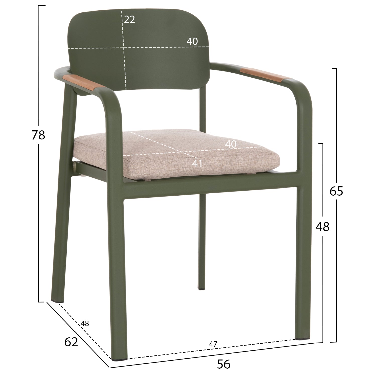 Трапезен стол  ELARA зелен алуминий-бежов, олефинов плат -- тиково дърво, 56x62x78всм.