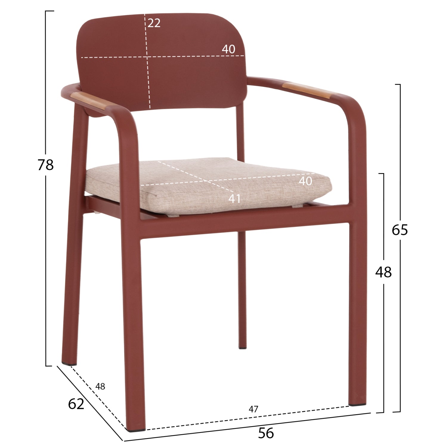 Трапезен стол ELARA червен, алуминиев-бежов, олефинов плат -- тиково дърво, 56x62x78всм.
