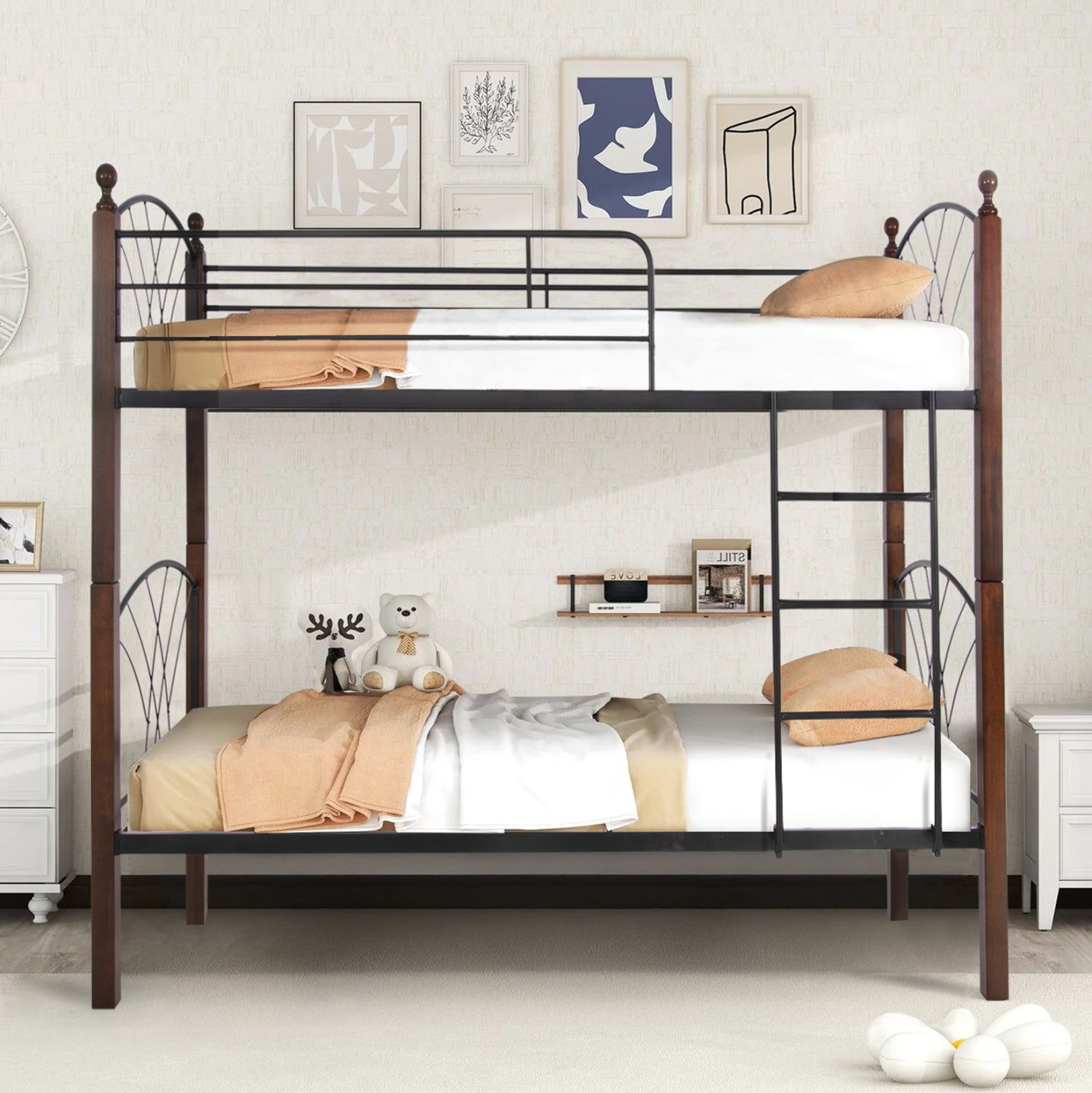 Двуетажно легло Story черен метал/каучуково дърво цвят орех 90х190 см