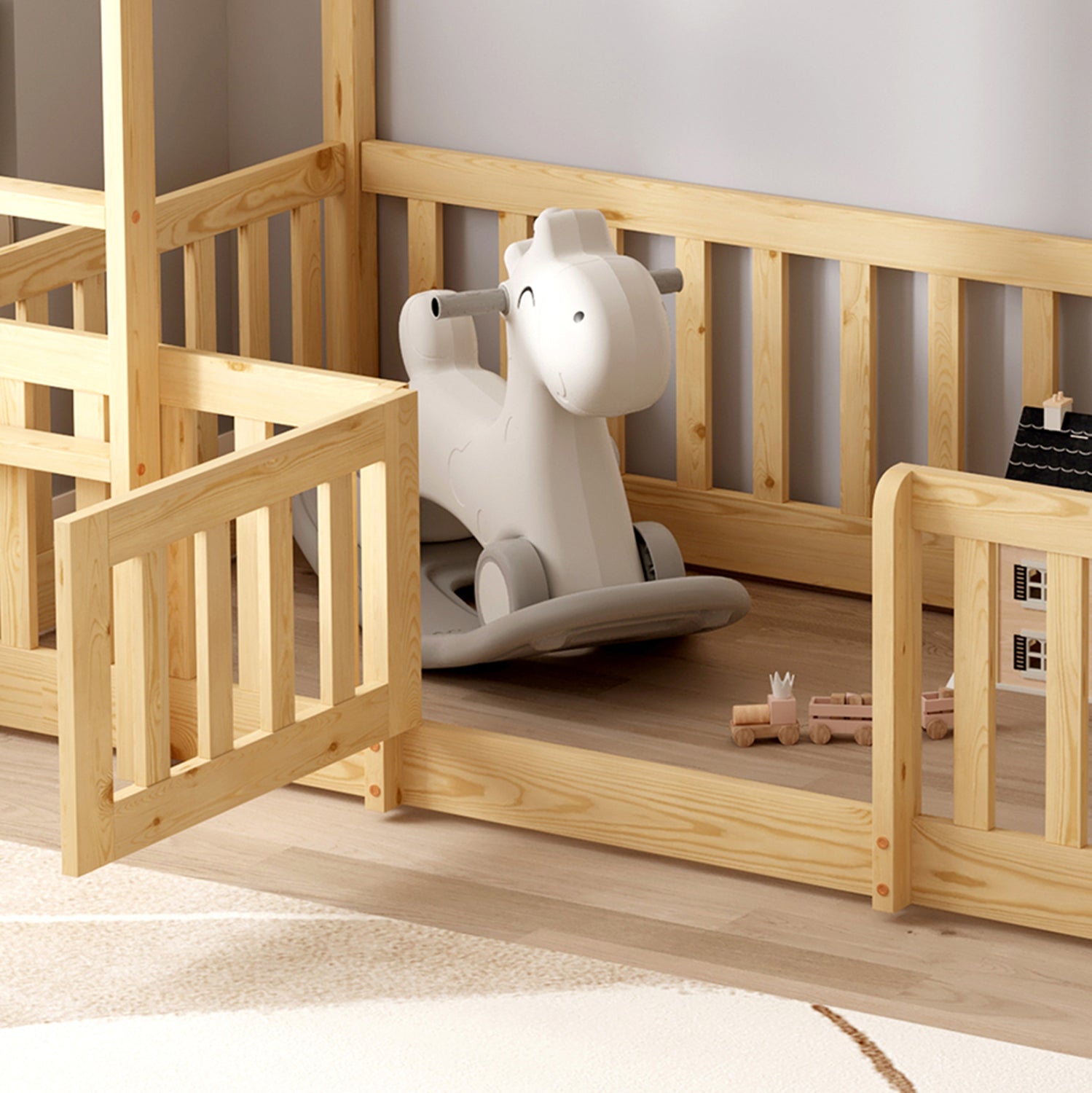 Легло Монтесори цвят натурал с място за игра за матрак 90/190см