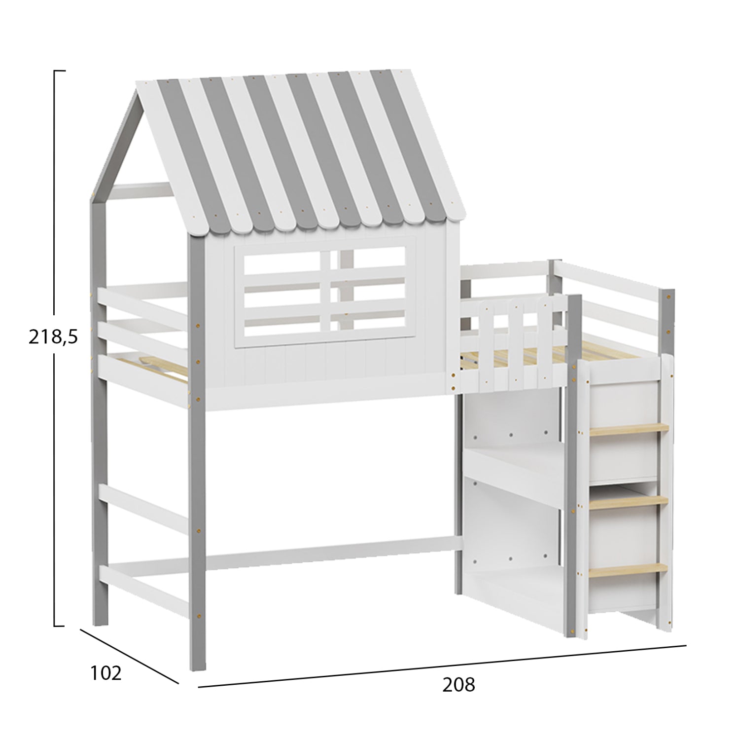Дeтско легло  МОНТЕСОРИ със странични рафтове КГ712 борова дървесина бяло/сиво за матрак  90x190см