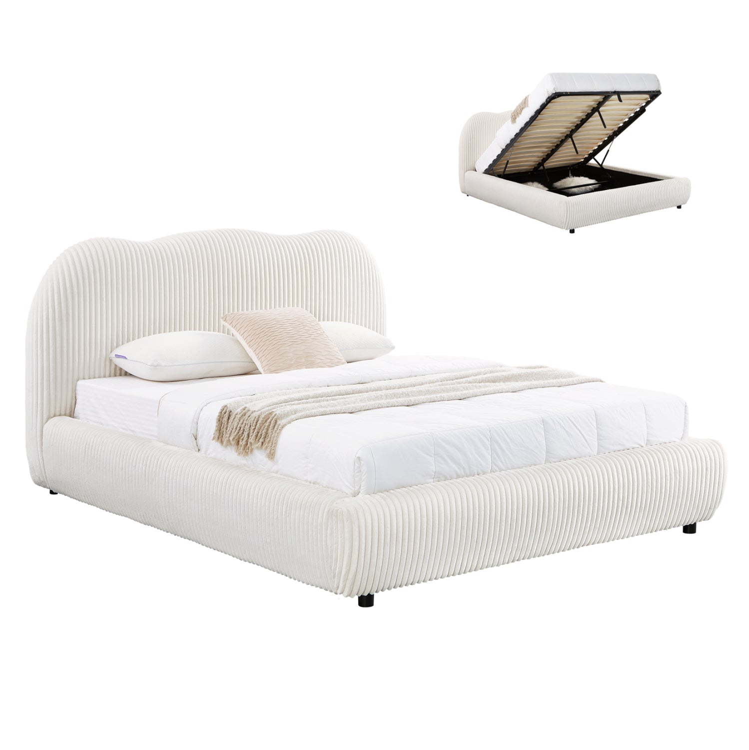 Двойно легло с място за съхранение  KALLY бежов плат изкуствена кожа--матрак 160x200см