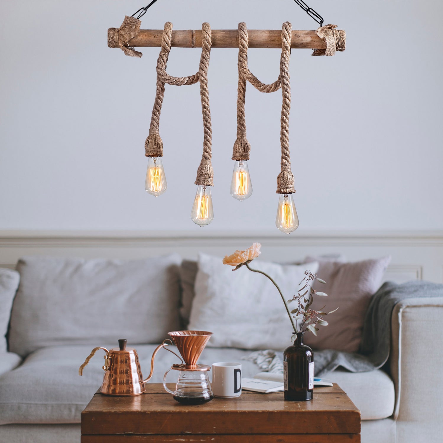 ДЪРВЕНА ПЛАФОНИРА С ВЪЖЕ-4лампи / 65x8x82 cm.