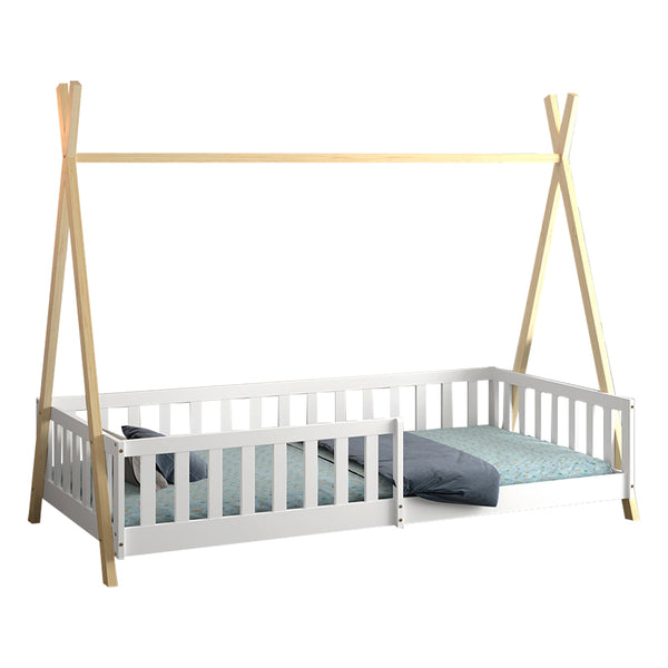 Детско легло с парапет MUNK  t.montessori - борова дървесина в натурален бял цвят за матрак 190x90см.