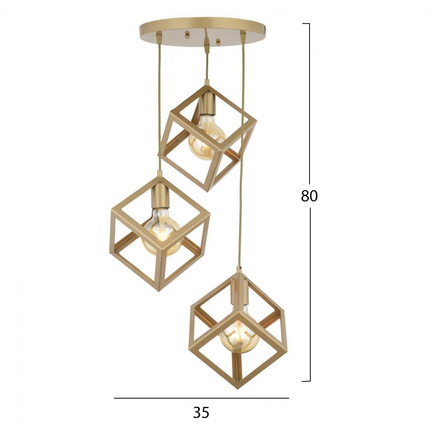 Плафон с 3 кубични лампи металик злато 35x80h см.