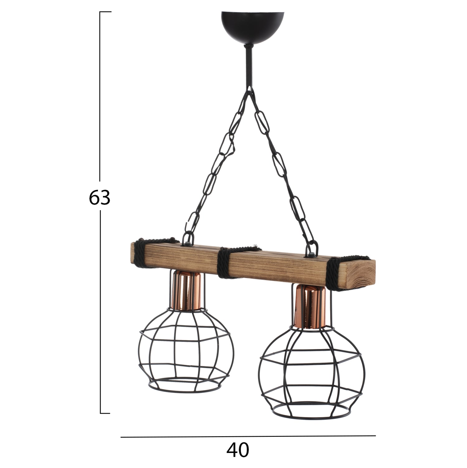 Двулампов таванен аплик с дърво и метална мрежа 40x16x63см