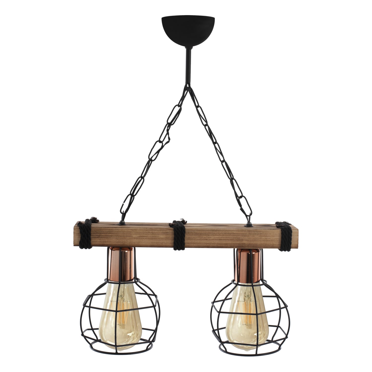 Двулампов таванен аплик с дърво и метална мрежа 40x16x63см