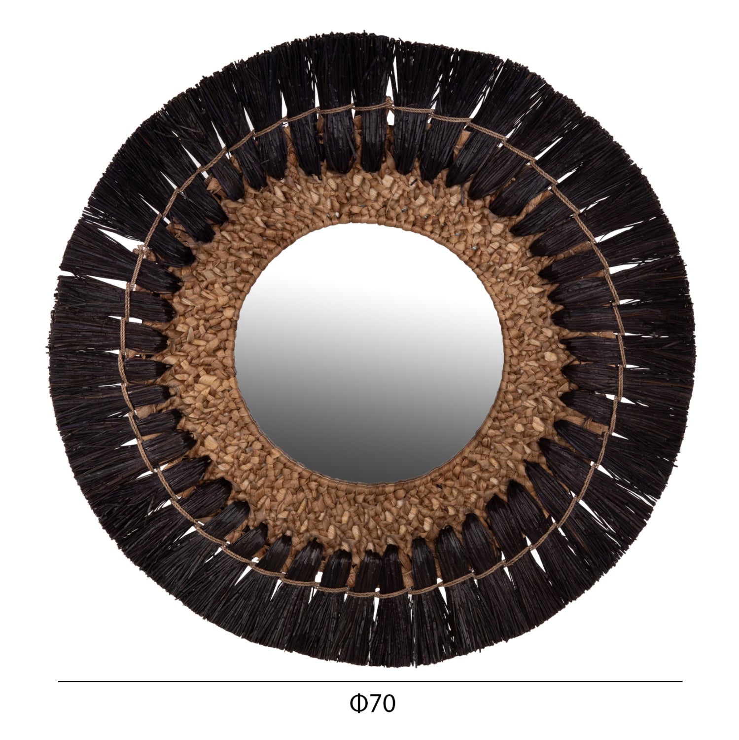Огледало  MENDONG  ф70 -черен натурал с рамка от трева