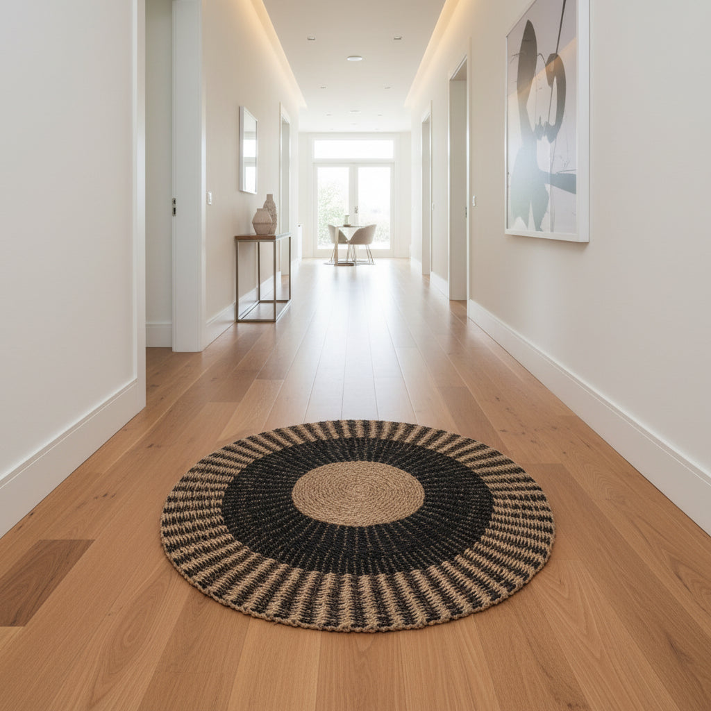 Кръгъл килим Kirki от естествени влакна морска трева черен-натурален φ150см.