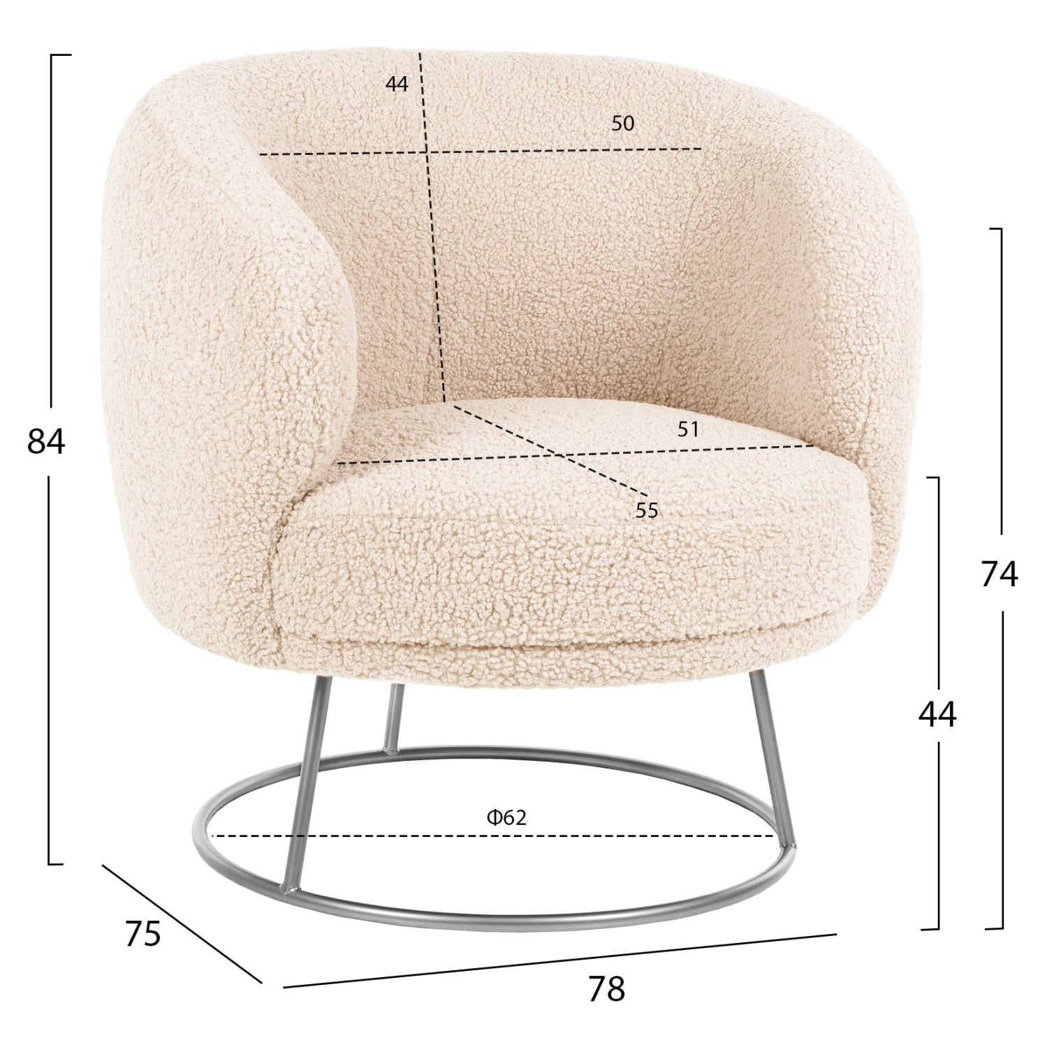 фотьойл Ариен букле цвят бял-сребрист 78x75x84