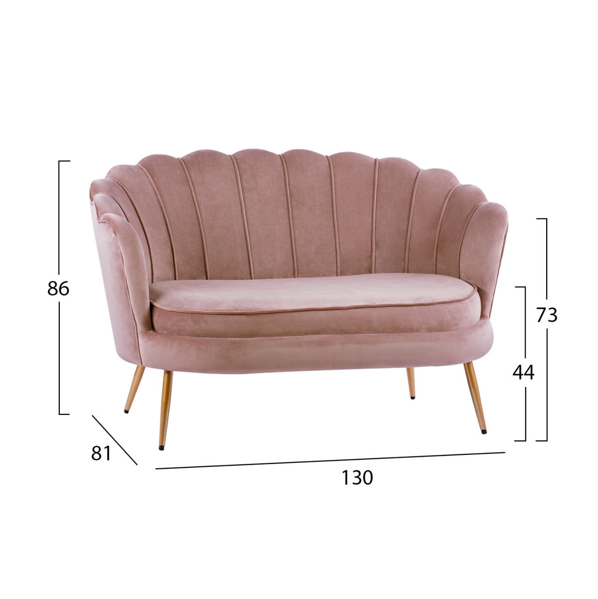 2-местен диван COQUILLE в кадифе от гнила ябълка и златни крака 130x81x86см.