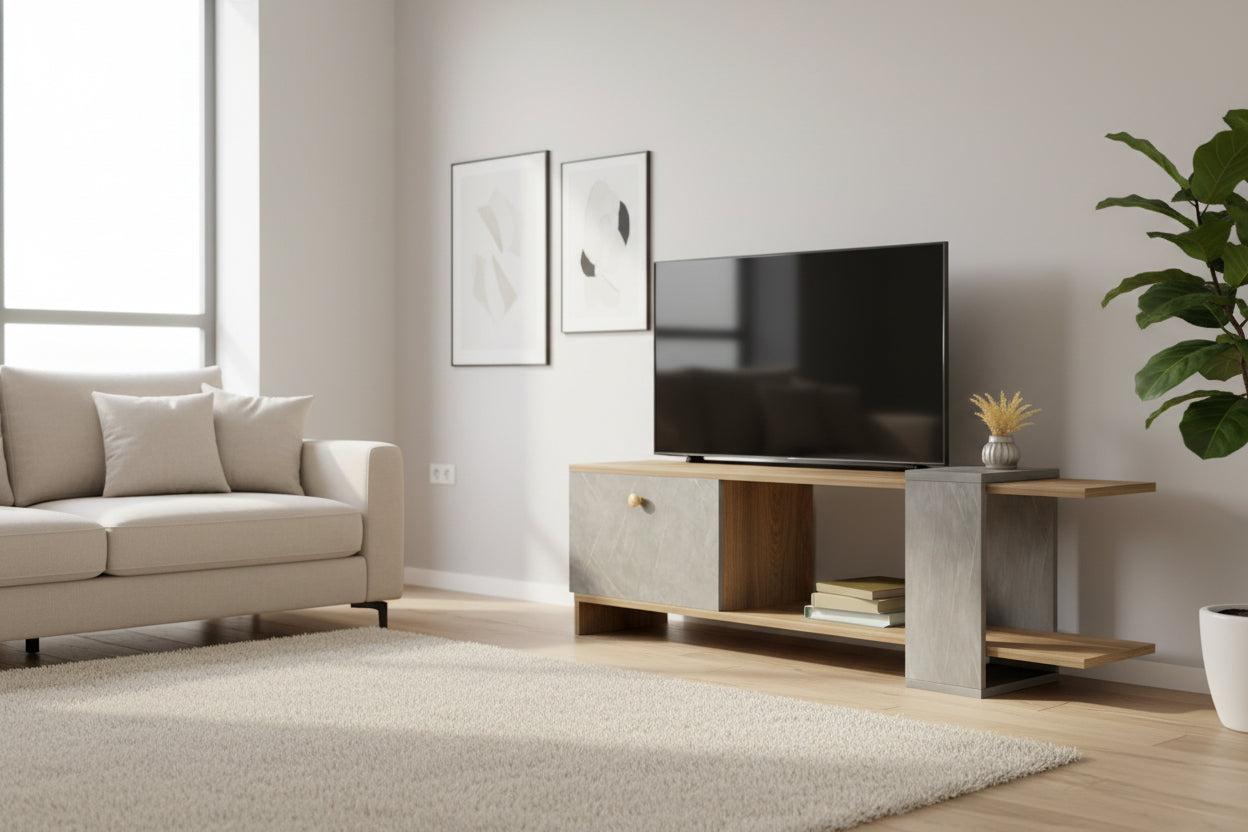 Тв шкаф HENRIETTE  цвят сив-натурал 120x28,5x39см