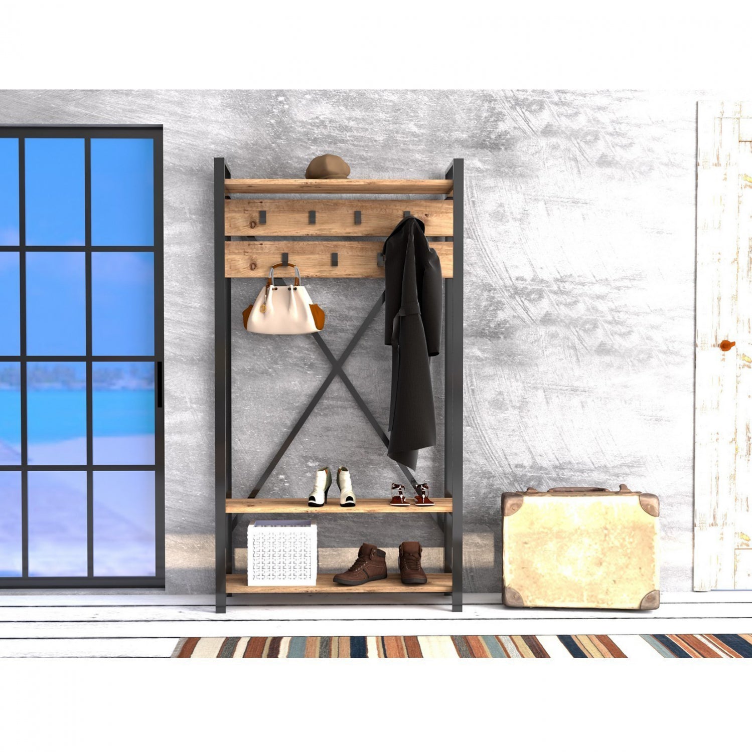 Мебели за антре  естествено дърво и черно 90x34x180 см